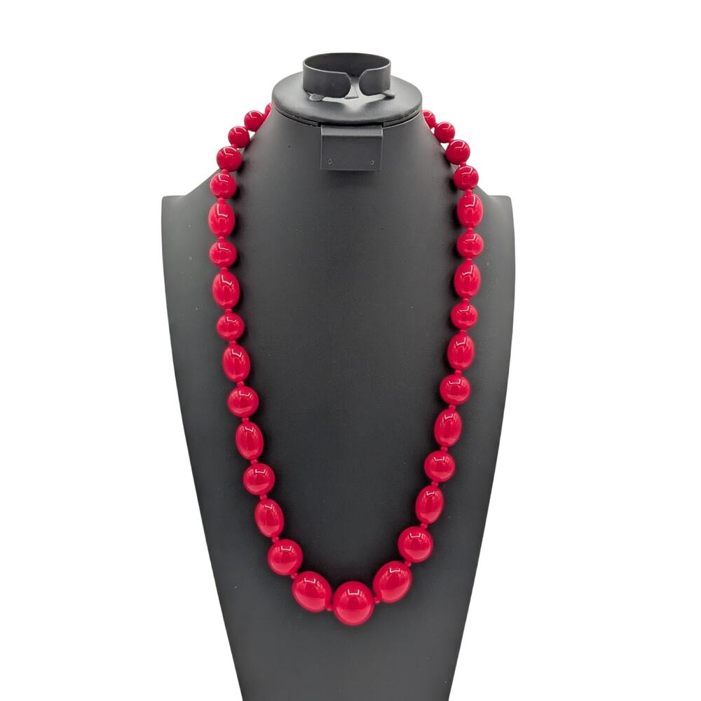 Vtg Signed OLCI 28" Long Heavy Lucite Deep Hot Pink Graduated Beaded Necklace